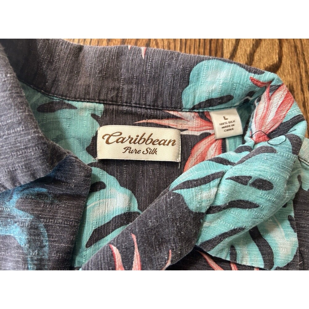 Caribbean 100% Silk Gray Hawaiian Shirt Tropical Short Sleeve Button Down Size L - Picture 3 of 6